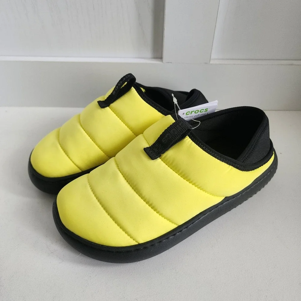 Crocs Classic Puff Moc K Kids Yellow Black Quilted Puffer Slippers J5 210589-77K